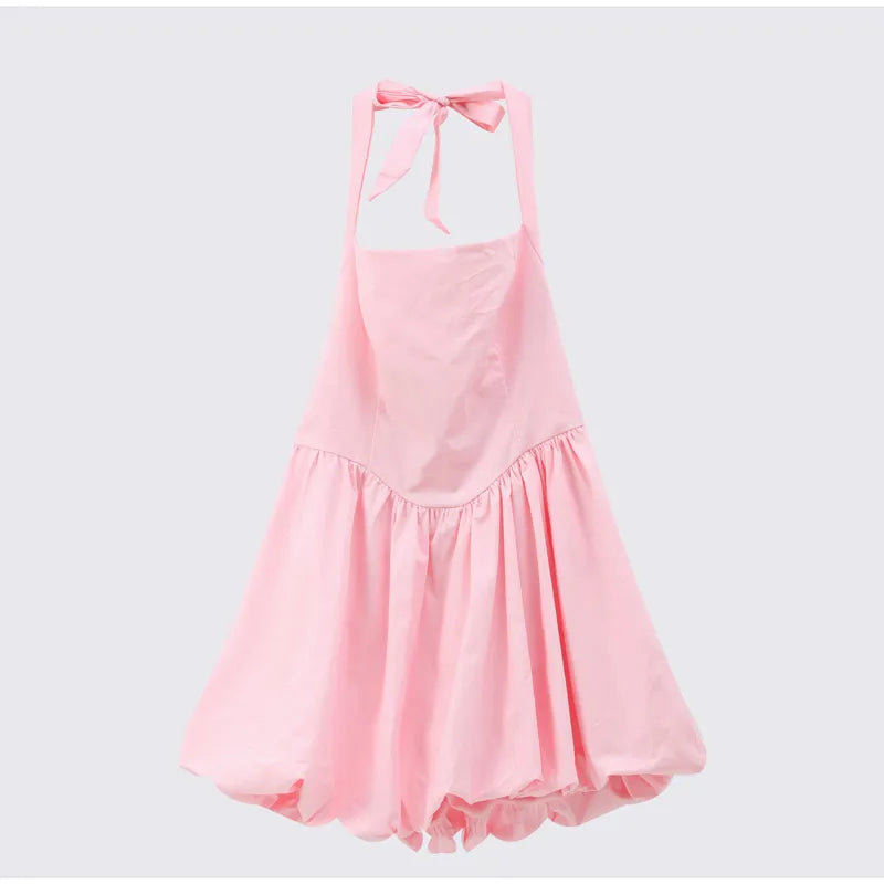 Elegant Pink Halter Pleated Mini Dress Women Lace-up Backless Off Shoulder Puff Hem A-line Short Gowns Summer Lady Party Robe