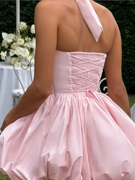 Elegant Pink Backless Pleated Lace-up Halter Mini Dress Women Off Shoulder Sleeve Puff Hem A-line Dresses Summer Lady Partywear