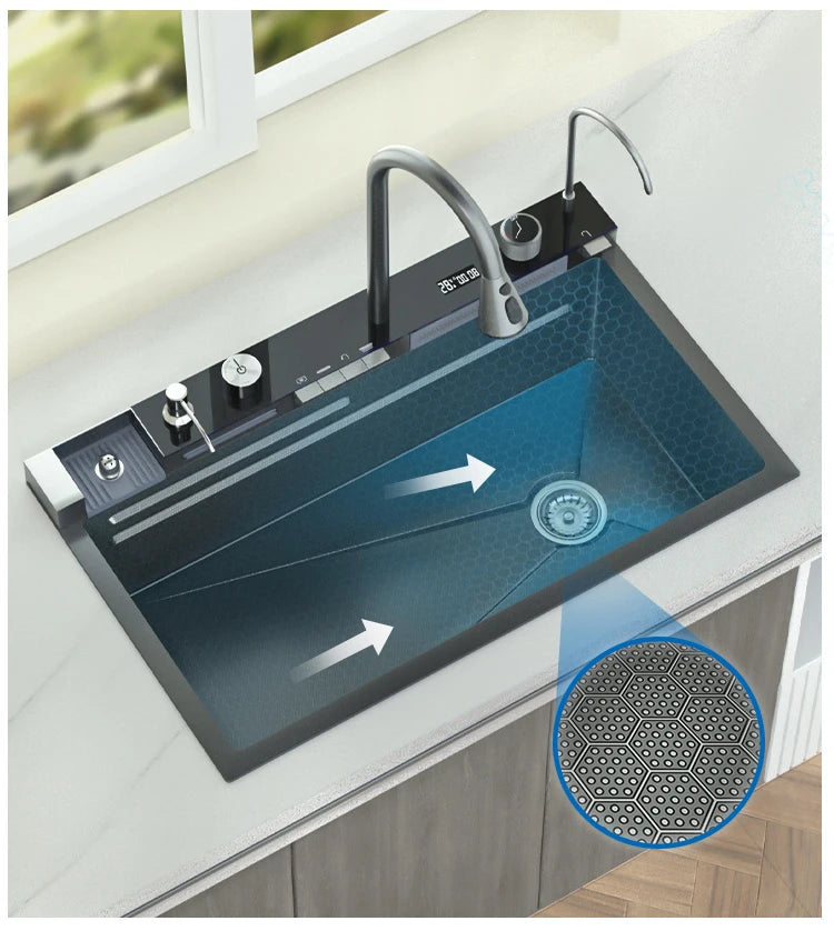 Nano Multifunctional Kitchen Sink Large Single Slot Integrated Digital Display Waterfall Faucet Soap Dispenser Cup Washer Pure