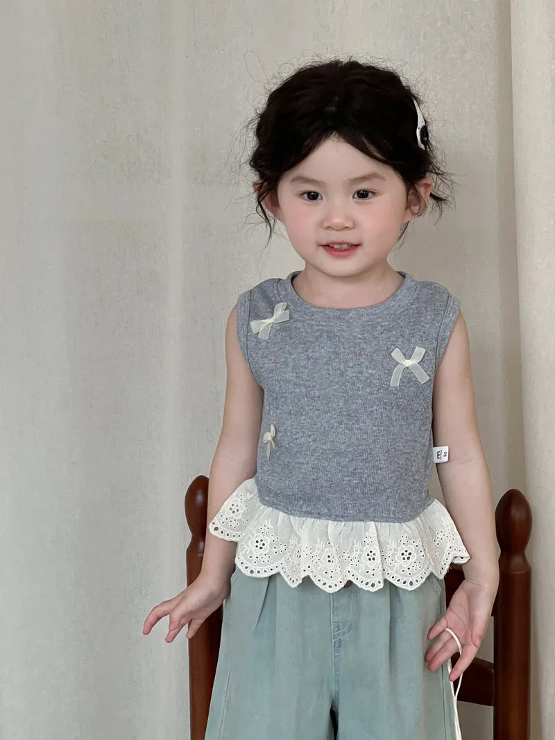 Children Clothes Girl 1-8 Y Baby Girls Clothes Cotton Sleeveless Top with Bowknot and Lace Trim Soft and Cute for Daily Wear