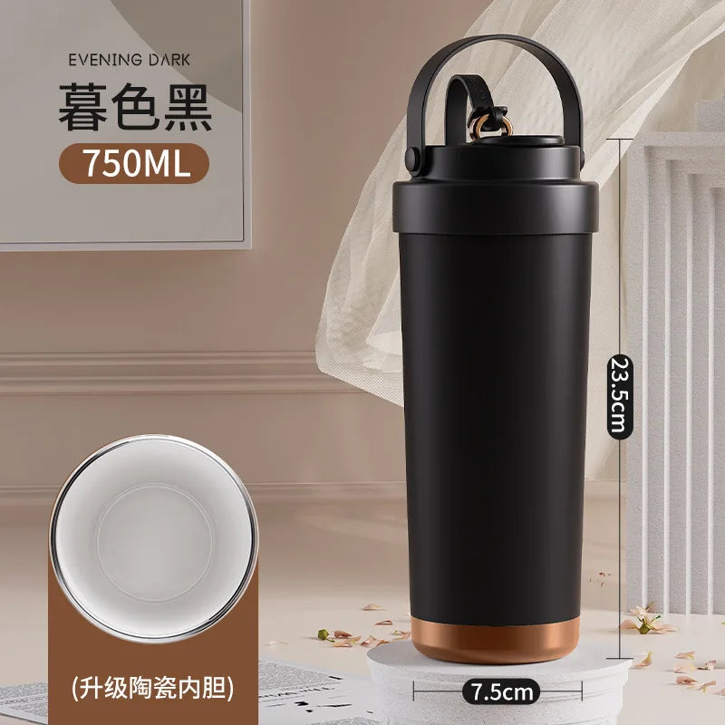 Large capacity ceramic inner pot insulated cup, women's office dual drink coffee cup, portable straw, car water cup