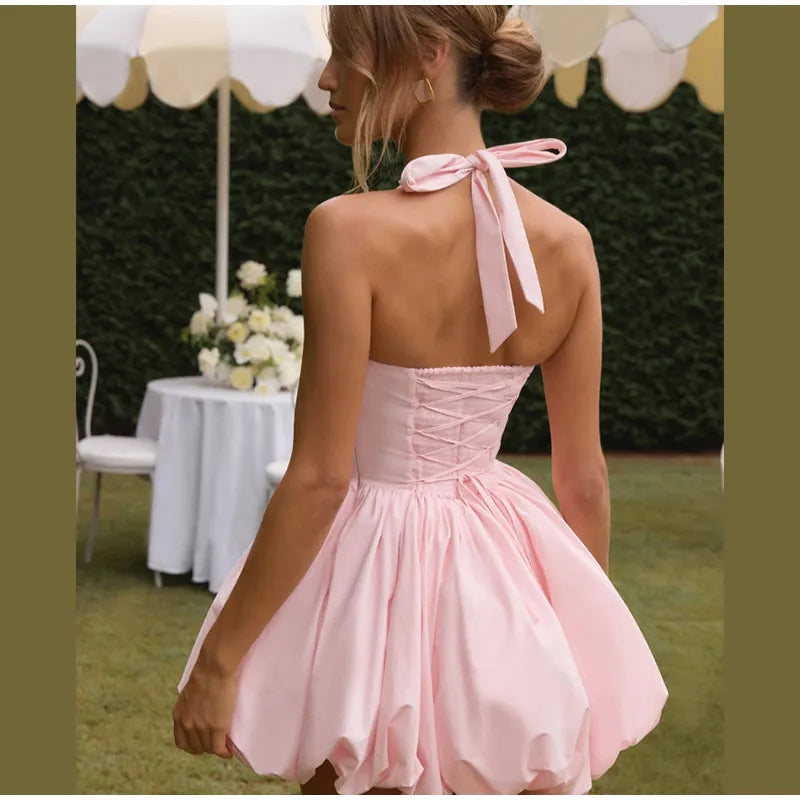 Elegant Pink Halter Pleated Mini Dress Women Lace-up Backless Off Shoulder Puff Hem A-line Short Gowns Summer Lady Party Robe