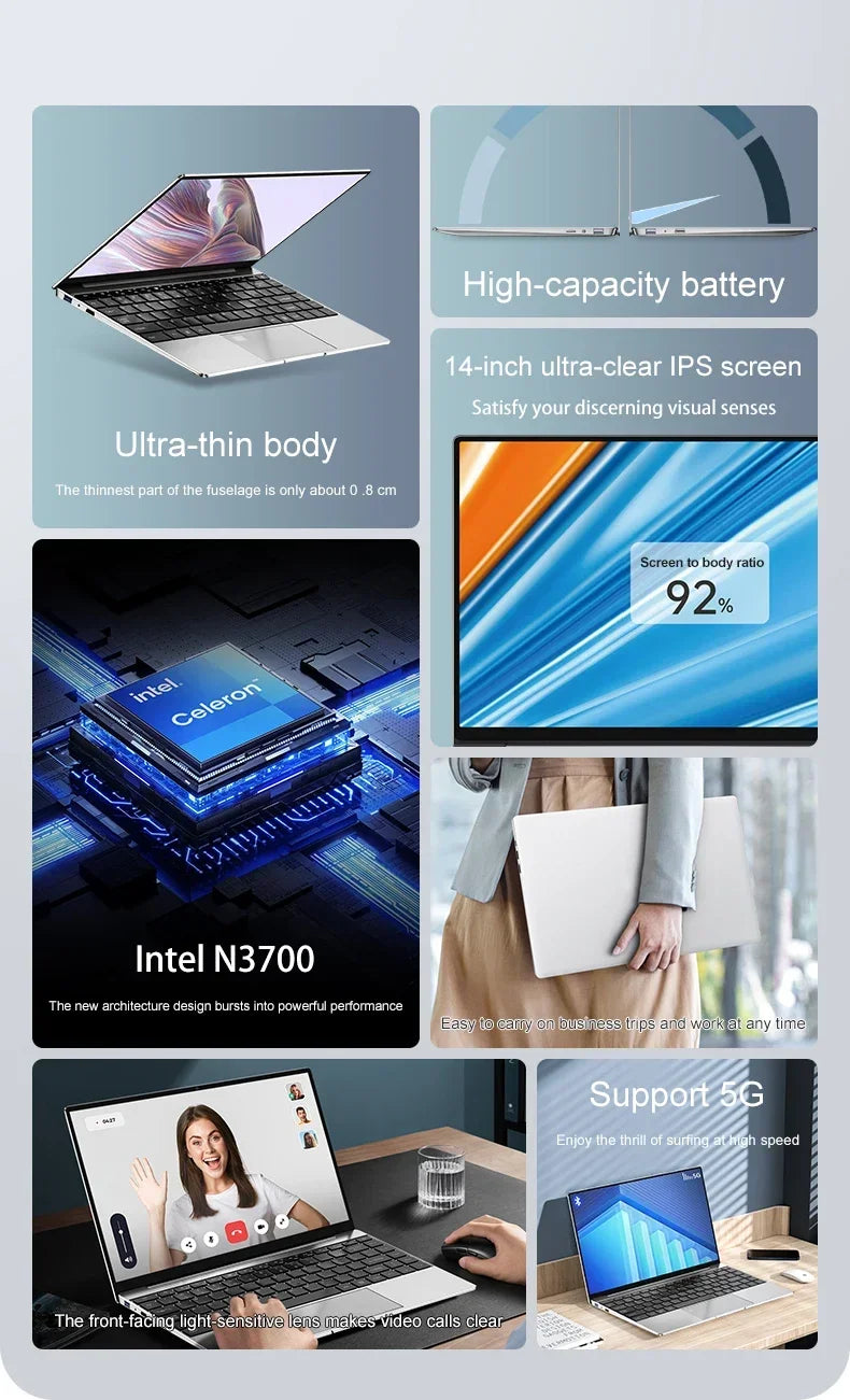14.1"Ultra Slim Laptop  Intel N3700 16GB RAM 2TB SSD Notebook Gamer 1920*1080 Display Office Study Computer PC Windows 11 Pro