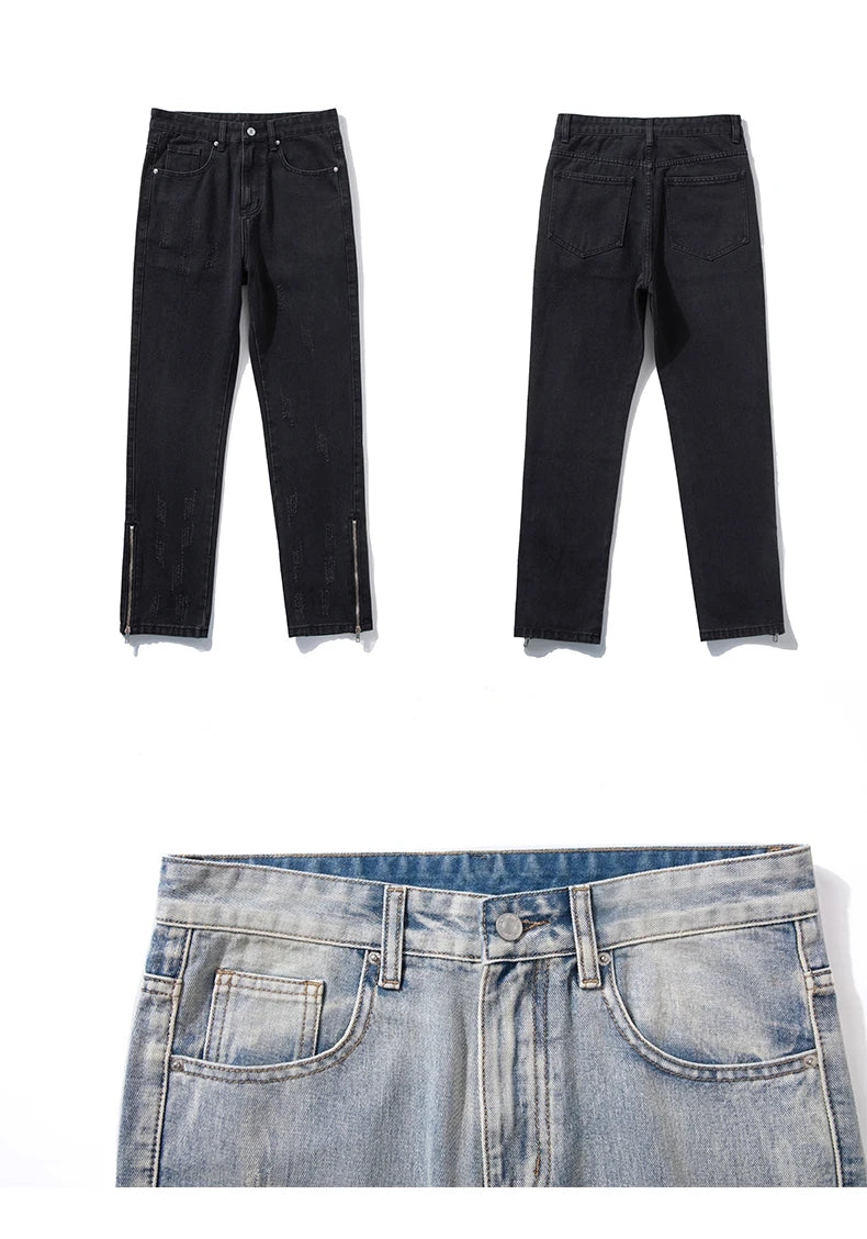 2024 Spring New Style Korean Style Men Fashionable Retro Street Jeans Zip Design on Trouser Legs Straight-leg Denim Pants Black