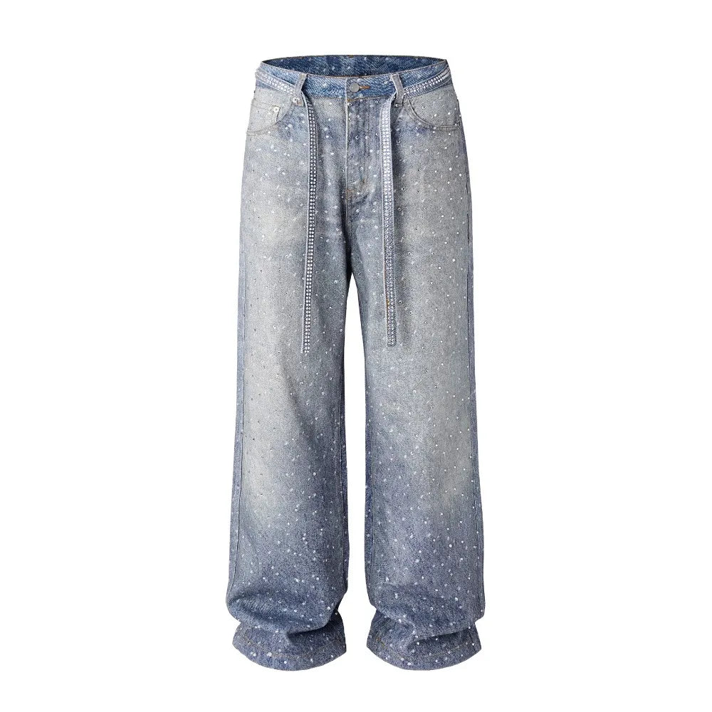 Tung Sung Full Diamond Printing Diamond Belt Wash Casual Loose Straight Jeans Hip Hop Y2k Men’s Jeans