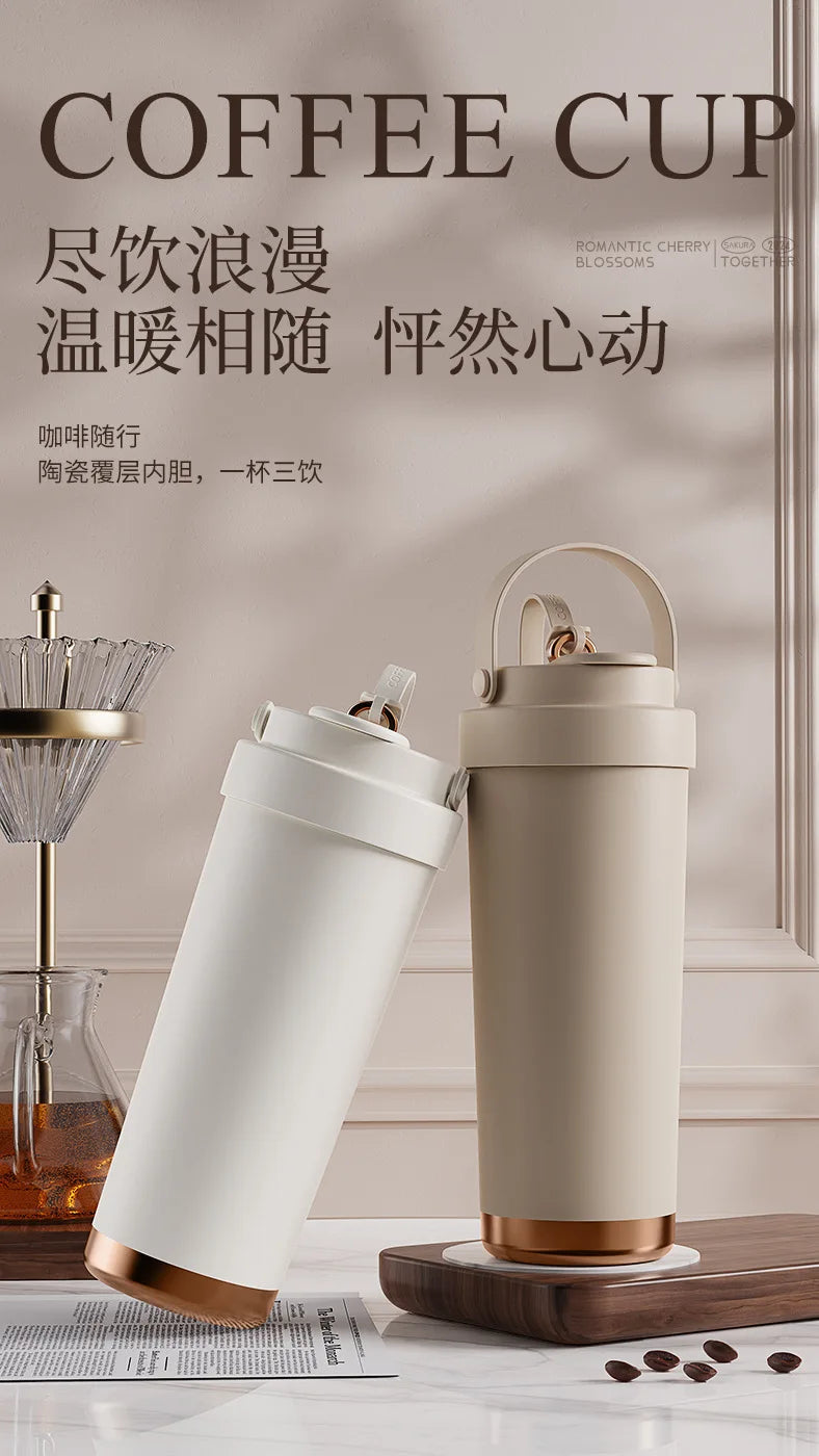 Large capacity ceramic inner pot insulated cup, women's office dual drink coffee cup, portable straw, car water cup