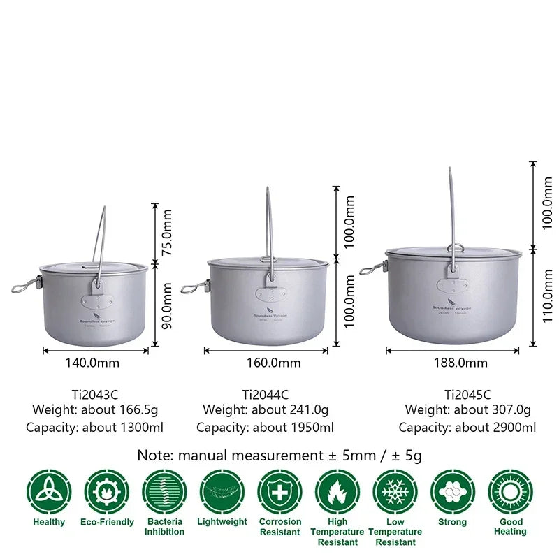 Boundless Voyage Outdoor Camping Titanium Cooking Pots Hanging Pot with Handle Picnic Hiking Kettle Cookware 1.3L 1.95L 2.9L