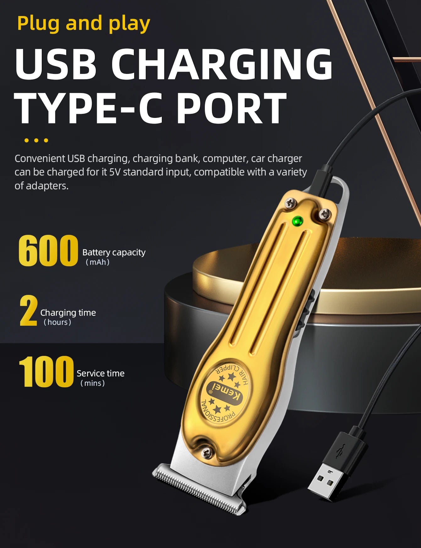 Kemei Professional Hair Trimmer Electric Hair Clipper Men's Rechargeable Barber Cordless Hair Cutting Machine for Bareheaded