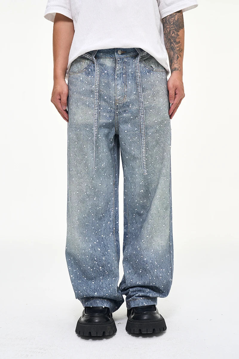 Tung Sung Full Diamond Printing Diamond Belt Wash Casual Loose Straight Jeans Hip Hop Y2k Men’s Jeans