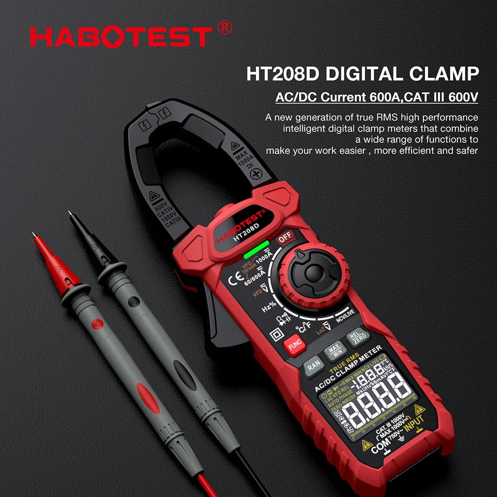 HT208A/D AC/DC Digital Clamp Meter Meter Multimeter Pinza Amperimetrica True RMS High Precision Capacitance NCV Ohm Hz Tester