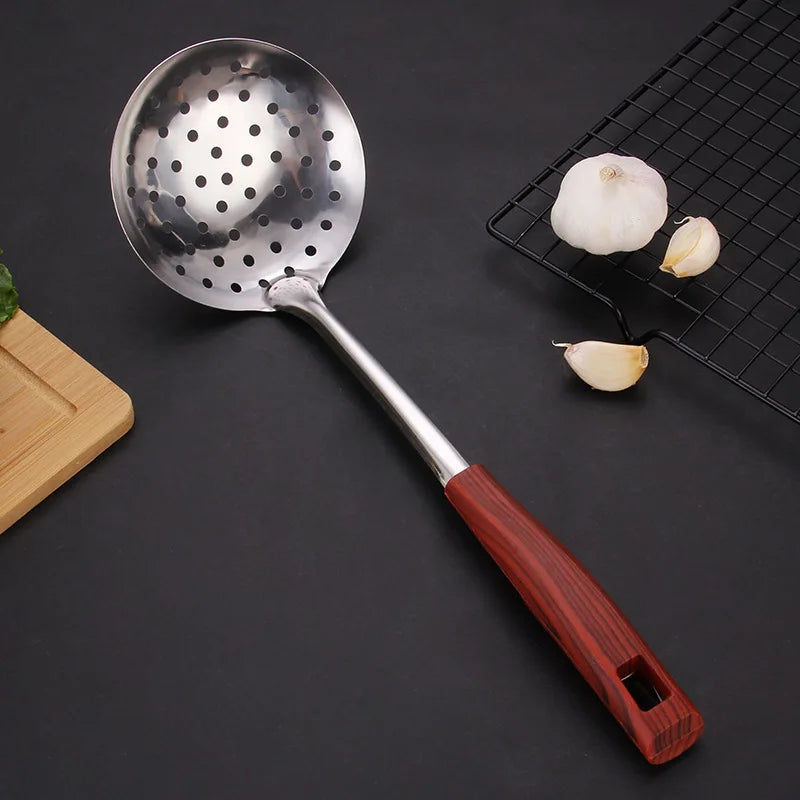 Wooden Handle Frying Spatula Tongue Spoon Stainless Steel BBQ Meat Fork Colander Home Cooking Pots Set Kitchen Accessories