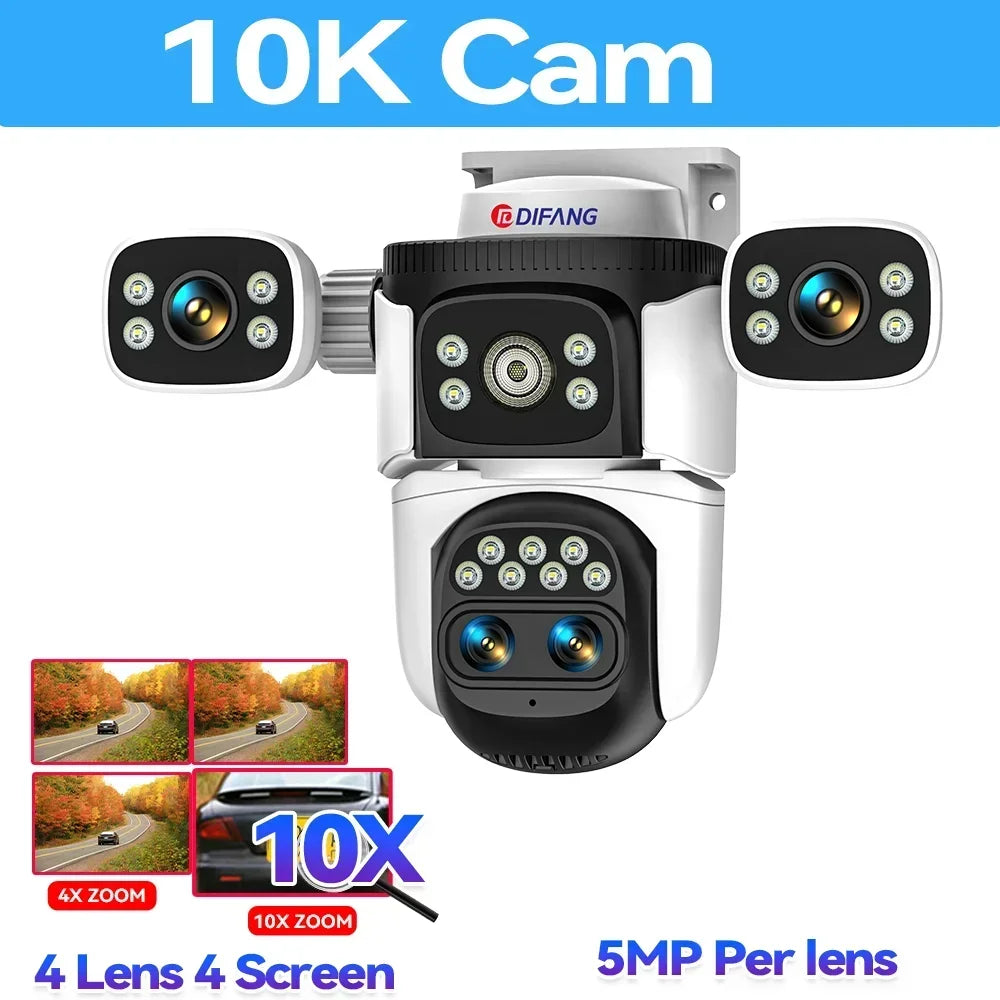 10K 20MP Home Security WiFi Camera Four Len Four Screen 360° PTZ 10X Zoom CCTV Wireless Surveillance IP Cam Security Protection