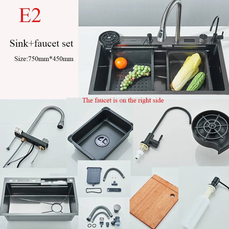 Stainless Steel Kitchen Waterfall Sink Digital Display Large Single Sink Dish Basin Sink With Multifunction Touch Waterfall