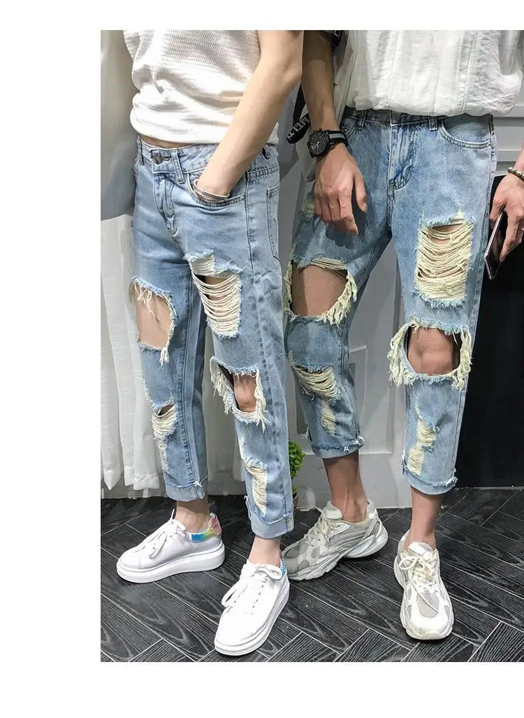 Men Jeans Knee Hole Ripped Stretch Skinny Denim Pants Solid Color  Autumn Summer Hip-Hop Style Slim Fit Trousers 2023 pantalones