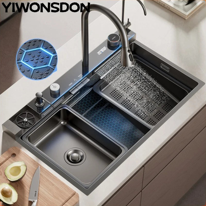 Nano Multifunctional Kitchen Sink Large Single Slot Integrated Digital Display Waterfall Faucet Soap Dispenser Cup Washer Pure