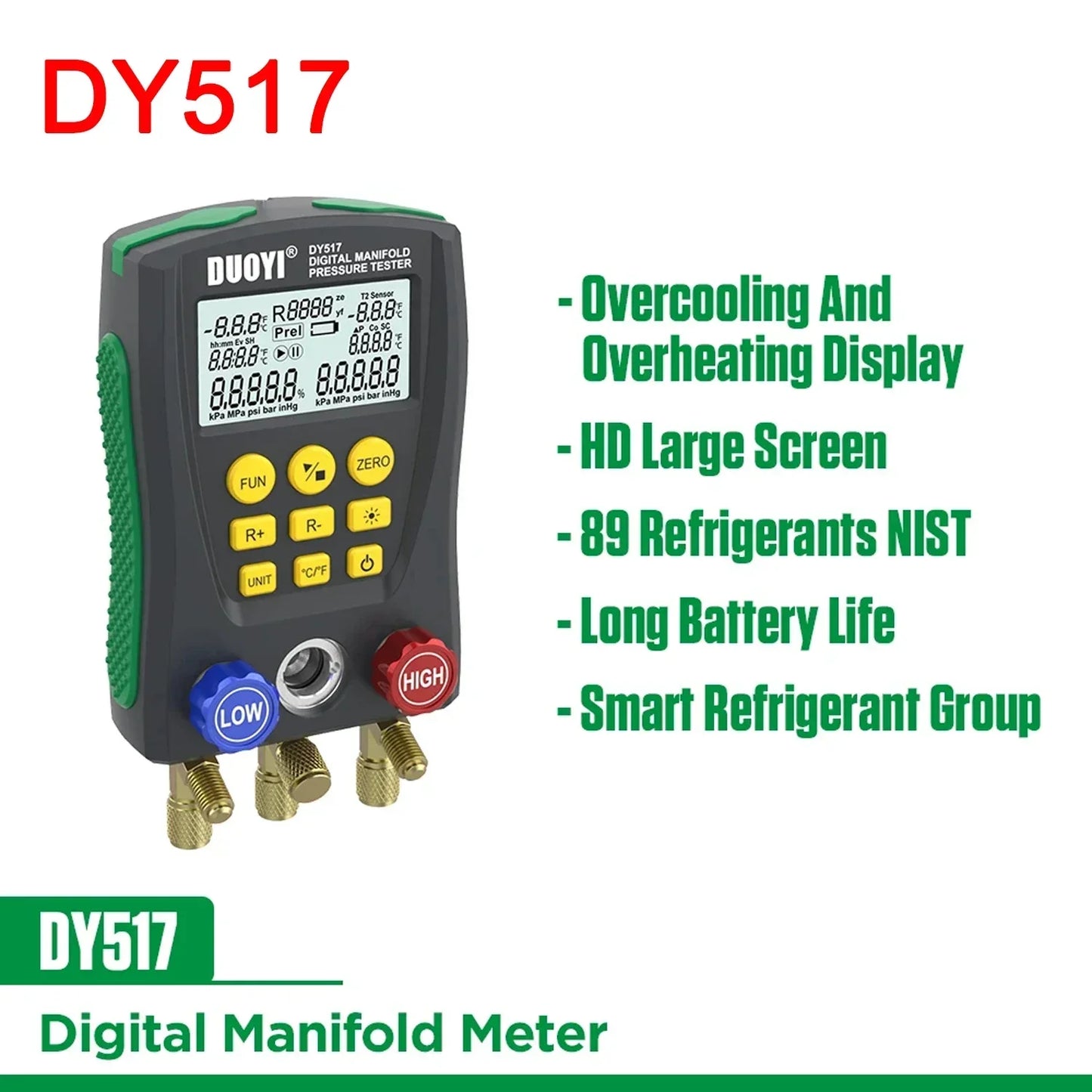 Digital refrigeration pressure gauge, air conditioning temperature detector, multi-function vacuum pressure test tool kit