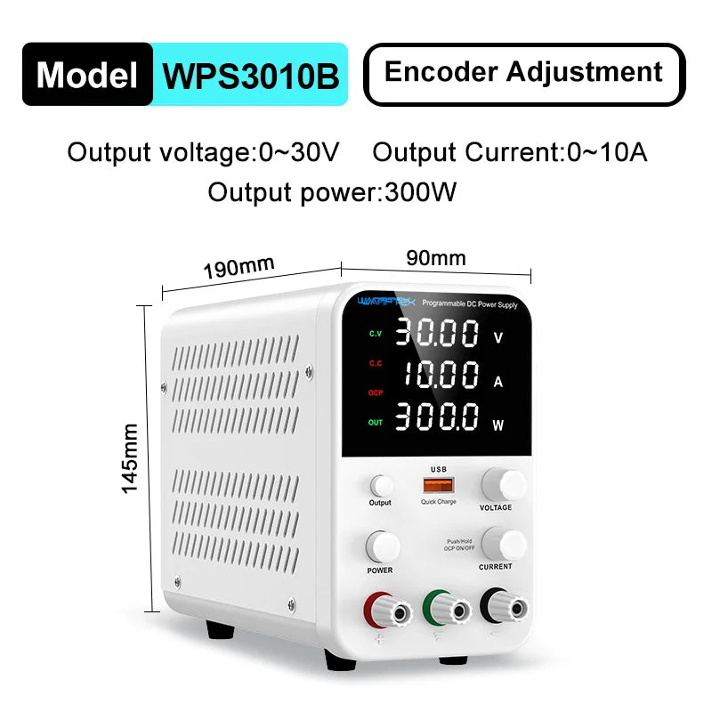 Adjustable DC power supply with 4-digit LED display, 5V/3.6A USB fast charging with encoder adjustment, output enable/disable