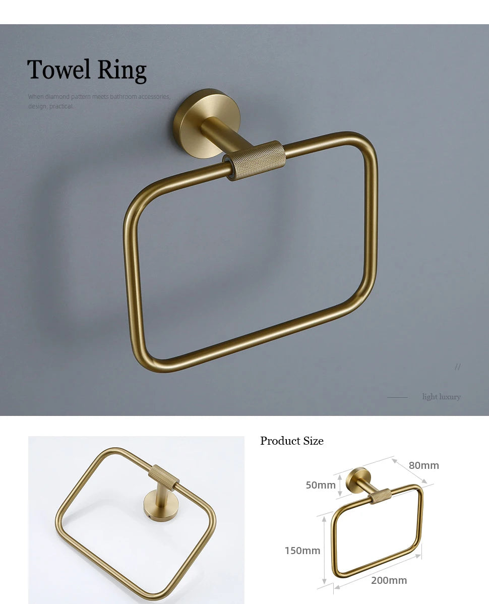 Brushed Gold Bathroom Accessories Towel Bar Bath Robe Hook Brass Knurled Bathroom Hardware Set Shelf for Towels Paper Tissue Hol