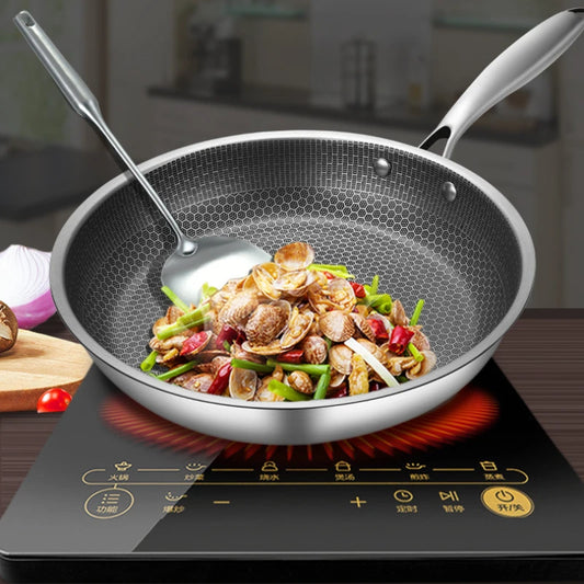 28cm Stainless Steel Frying Pans Non-stick Cooking Wok Honeycomb Structure Egg Frying Saucepan Cooking Pots Kitchen Accessories