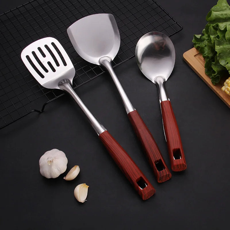 Wooden Handle Frying Spatula Tongue Spoon Stainless Steel BBQ Meat Fork Colander Home Cooking Pots Set Kitchen Accessories