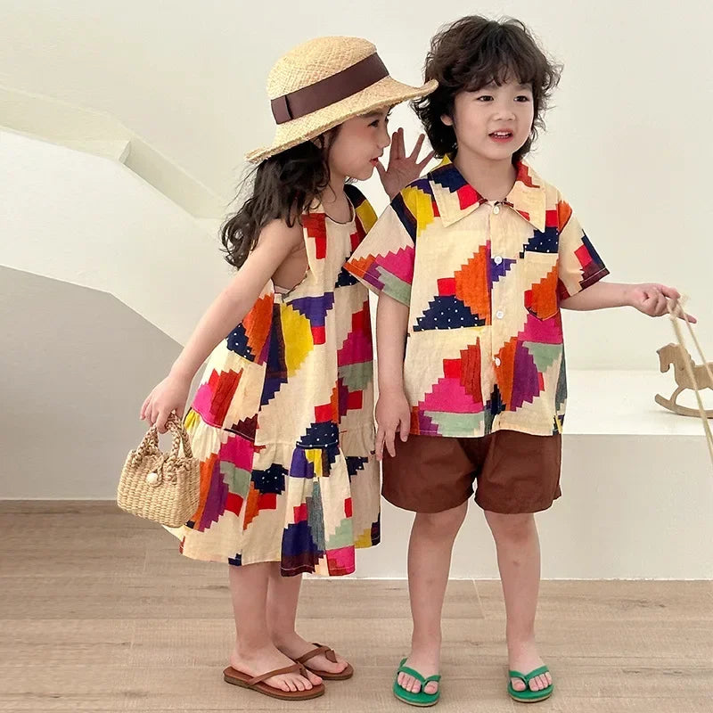 Children's Clothes 2025 Summer New Boy's Shirt Suit Or Baby Girl Dress Holiday Clothes Brother And Sister Clothes