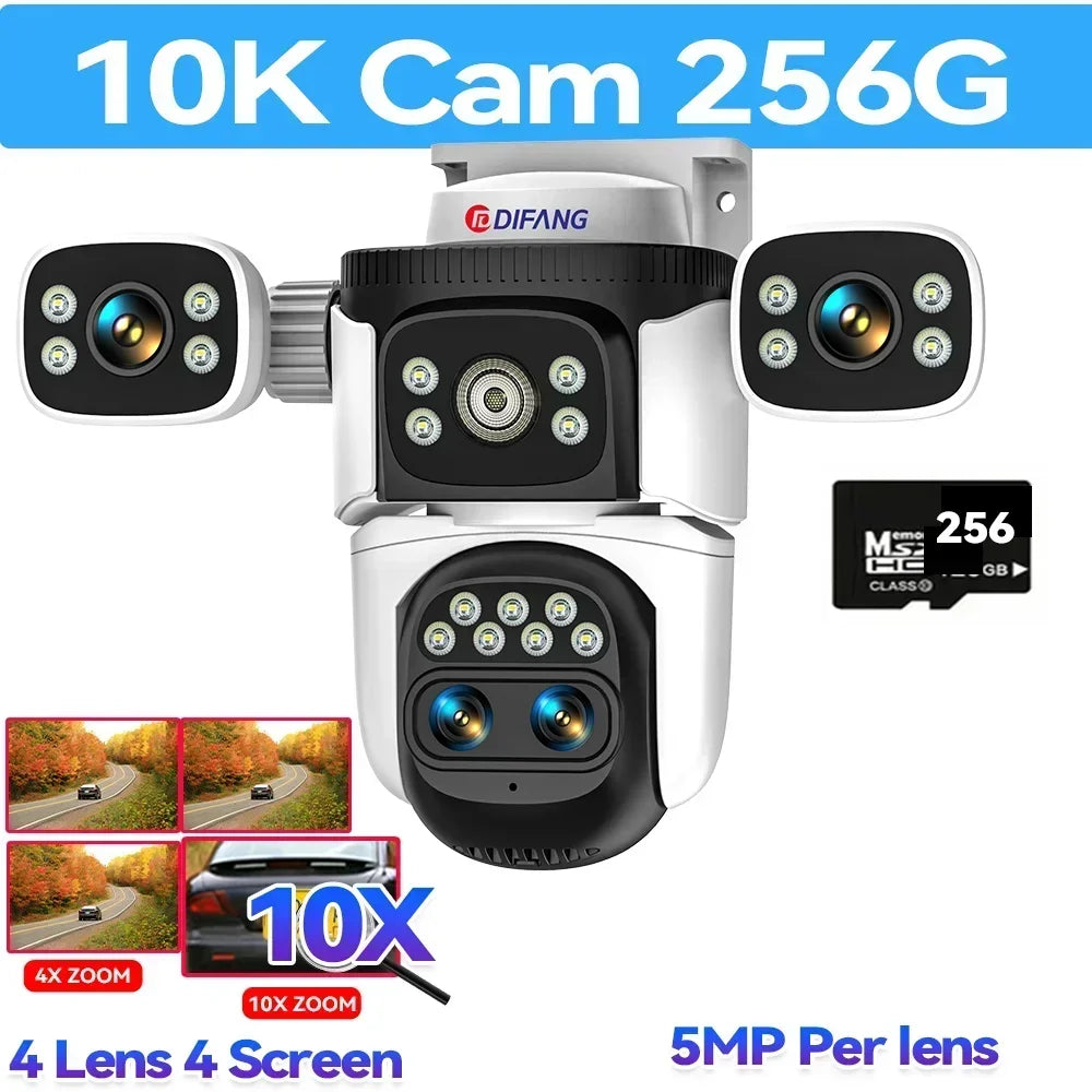 10K 20MP Home Security WiFi Camera Four Len Four Screen 360° PTZ 10X Zoom CCTV Wireless Surveillance IP Cam Security Protection