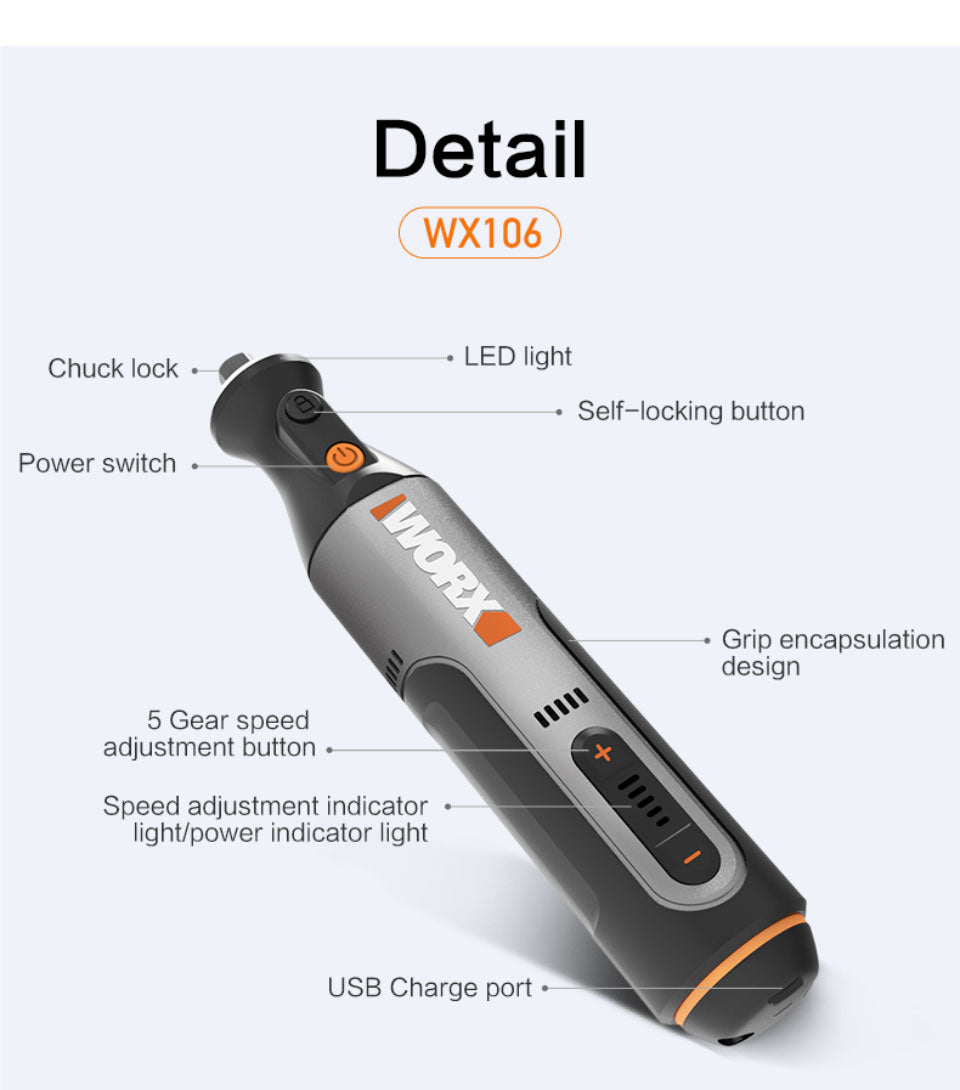 Worx 8V Rotary Tool WX106 Cordless Mini Drill Engraving Grinding Polishing Machine USB Charger Variable Speed Power Tools Set