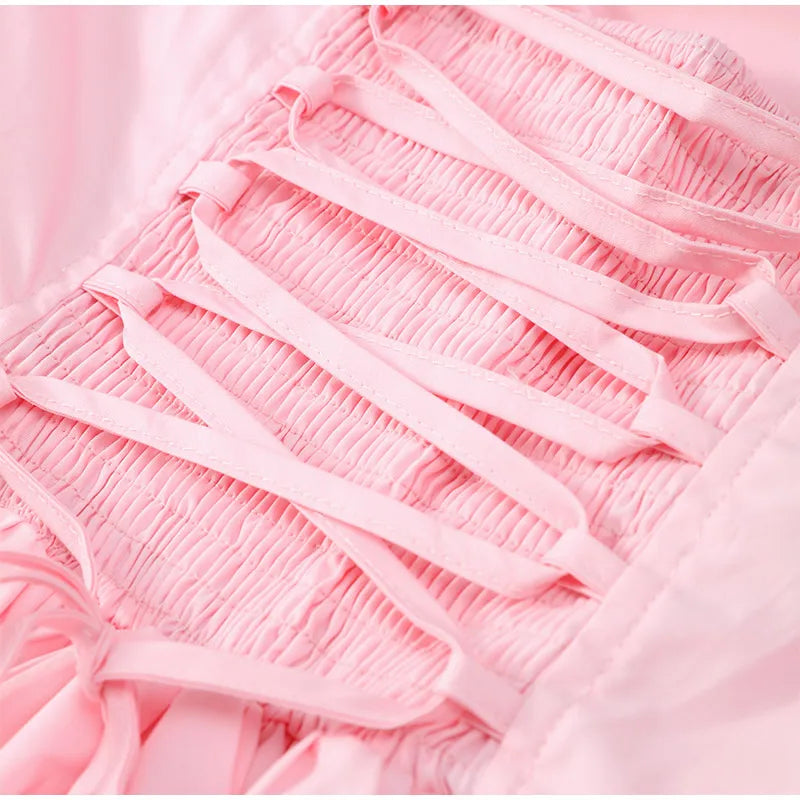 Elegant Pink Backless Pleated Lace-up Halter Mini Dress Women Off Shoulder Sleeve Puff Hem A-line Dresses Summer Lady Partywear