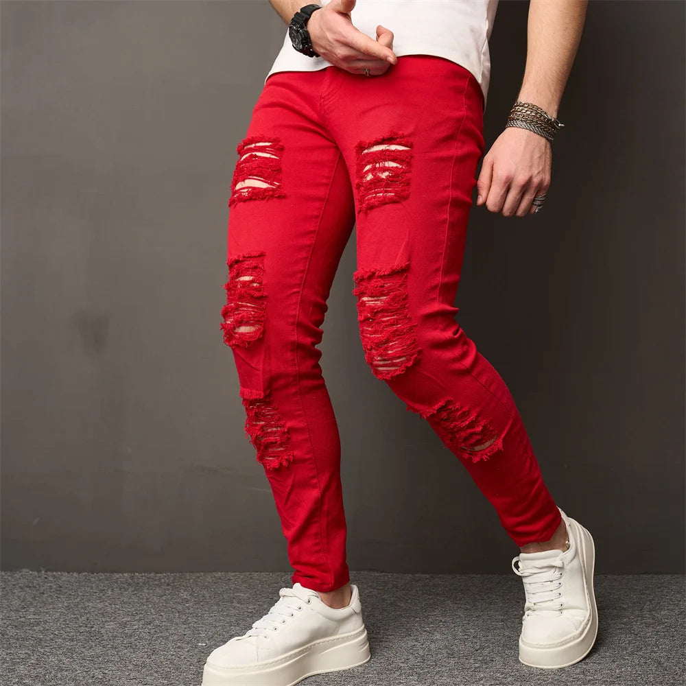 High Street Men HipHop Holes Skinny Stretch Jeans Trousers Stylish Male Distressed Slim Denim Pencil Pants