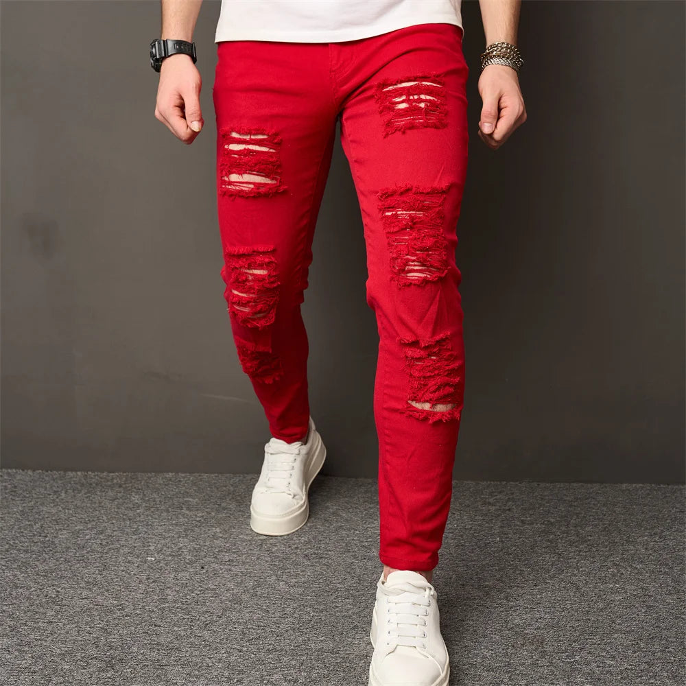High Street Men HipHop Holes Skinny Stretch Jeans Trousers Stylish Male Distressed Slim Denim Pencil Pants