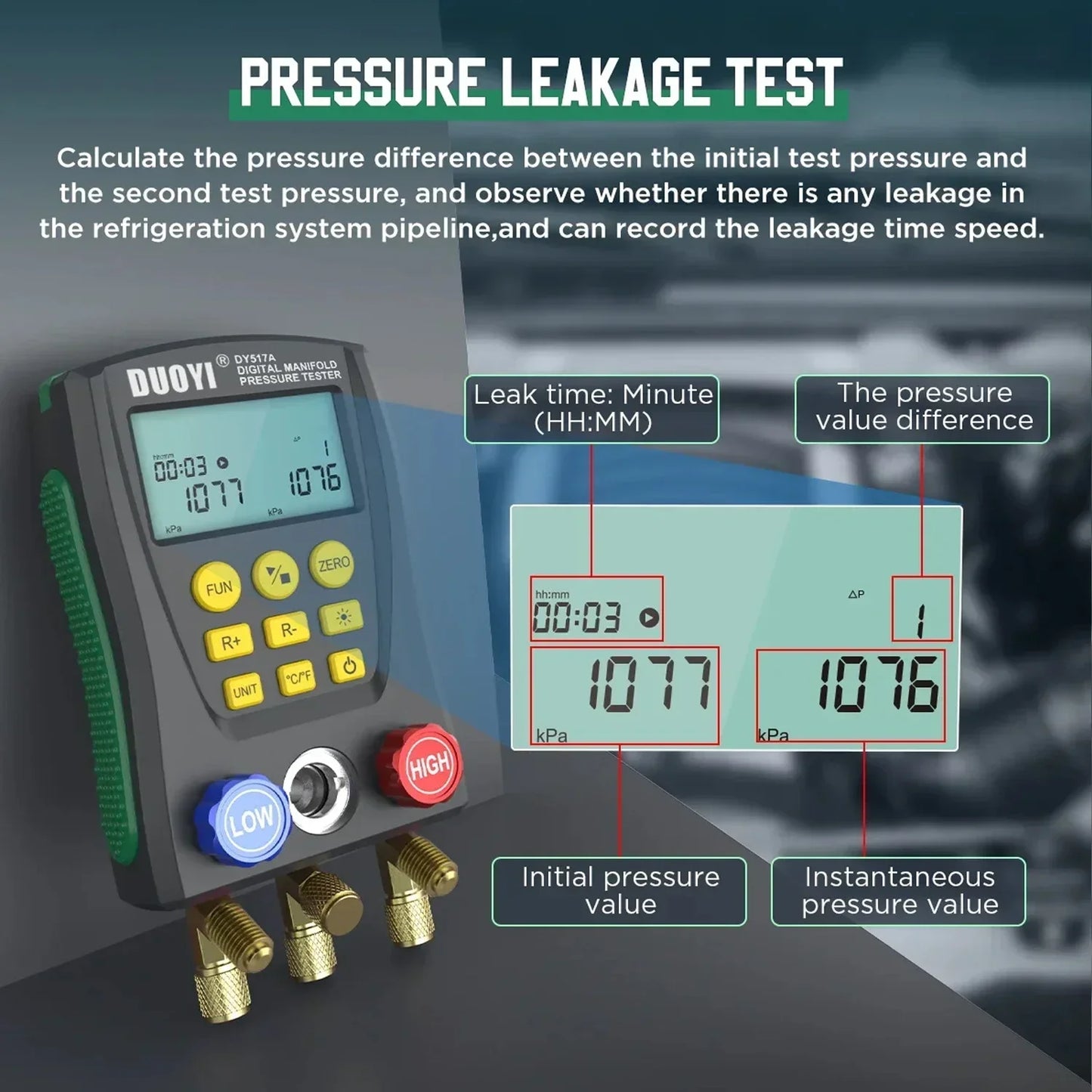 Digital refrigeration pressure gauge, air conditioning temperature detector, multi-function vacuum pressure test tool kit