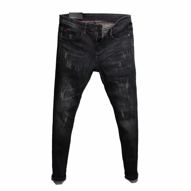 Man's Summer New Elastic Slim Fit Korean Spirit Guy Leggings Skinny Black Denim Jeans Casual Men Designer Ripped Pants
