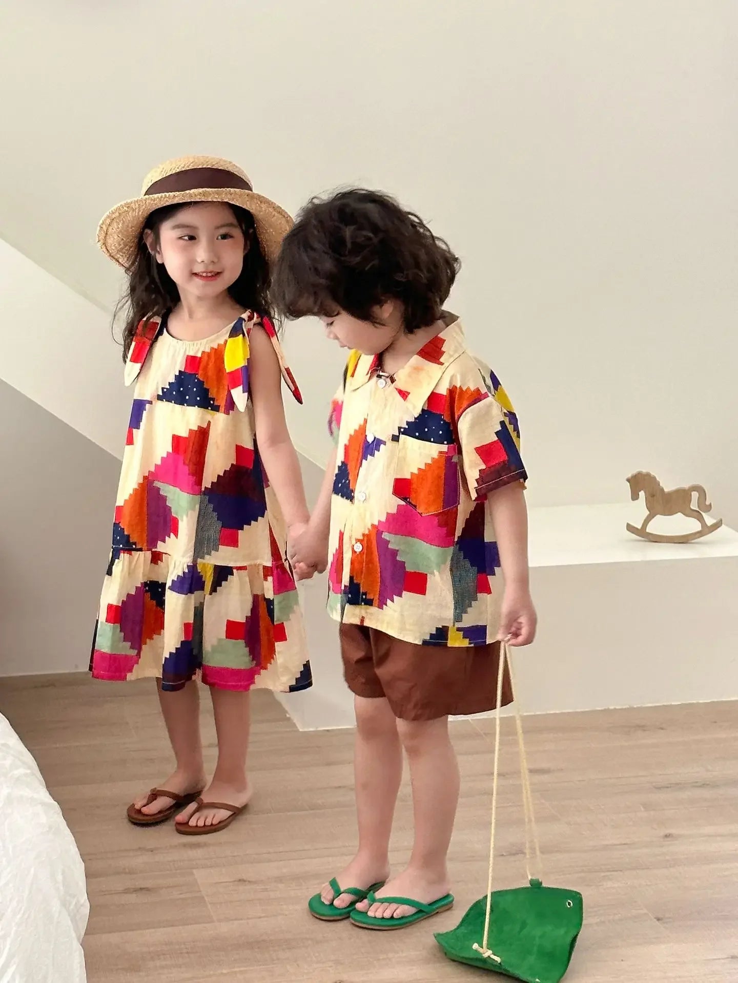 Children's Clothes 2025 Summer New Boy's Shirt Suit Or Baby Girl Dress Holiday Clothes Brother And Sister Clothes