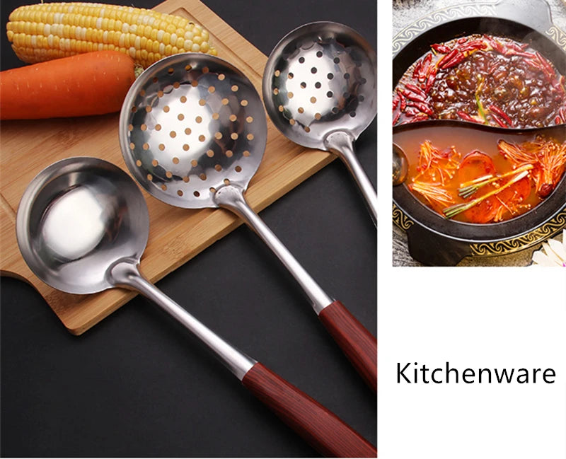 Wooden Handle Frying Spatula Tongue Spoon Stainless Steel BBQ Meat Fork Colander Home Cooking Pots Set Kitchen Accessories