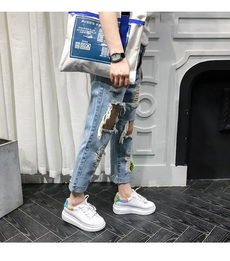 Men Jeans Knee Hole Ripped Stretch Skinny Denim Pants Solid Color  Autumn Summer Hip-Hop Style Slim Fit Trousers 2023 pantalones