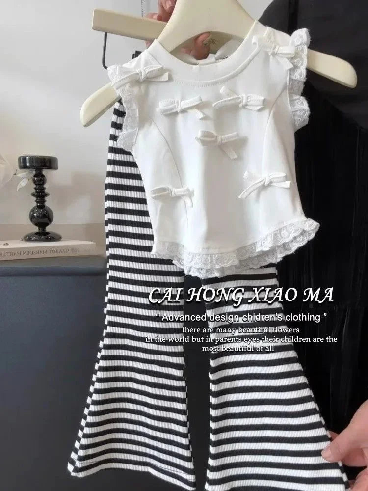 Children's Clothing Sets Bow-Detail Camisole + Striped Flared Trousers 2pcs Sets Toddler Girl Clothes Baby Girl Outfit Set