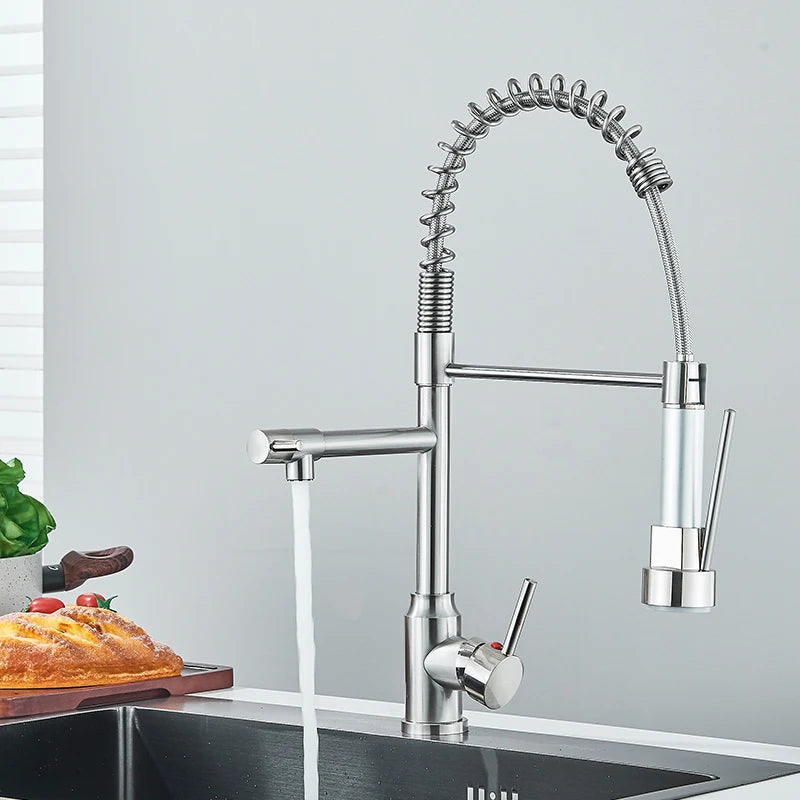 Chrome Spring Pull Down Kitchen Faucet Hot and Cold Water Deck Mounted Tap 360 Rotate Single Hole Single Handle