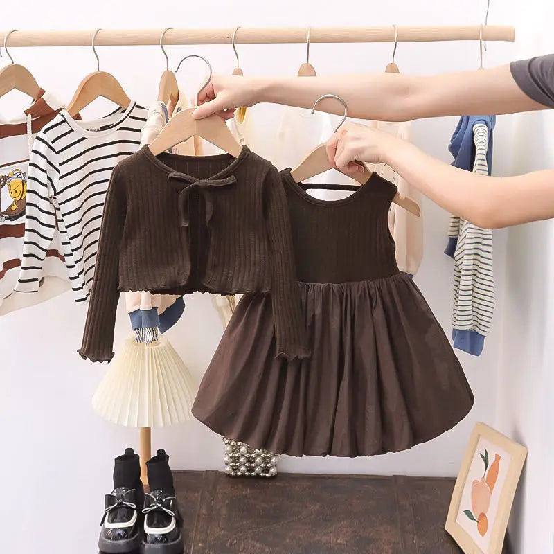 Children Clothing 2024 Spring and Autumn New Girls Solid Color Dress Set Baby Long Sleeve Knitted Warm Skirt Set Girls Clothes