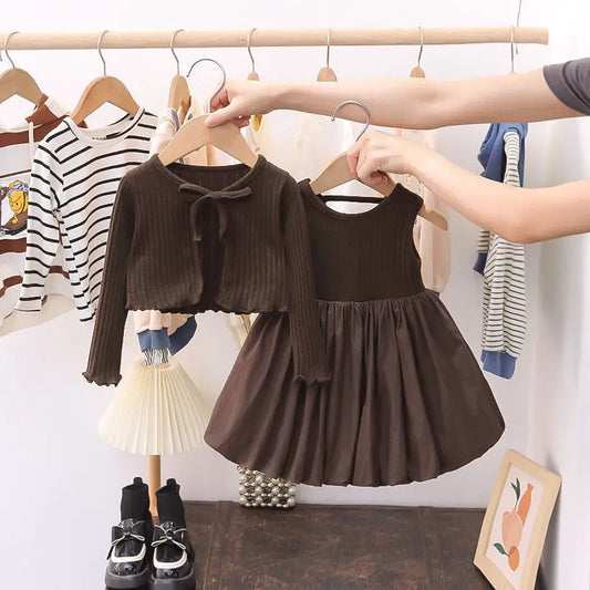 Children Clothing 2024 Spring and Autumn New Girls Solid Color Dress Set Baby Long Sleeve Knitted Warm Skirt Set Girls Clothes
