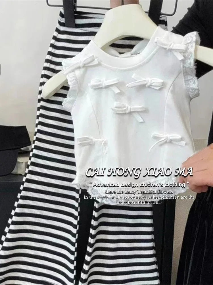 Children's Clothing Sets Bow-Detail Camisole + Striped Flared Trousers 2pcs Sets Toddler Girl Clothes Baby Girl Outfit Set