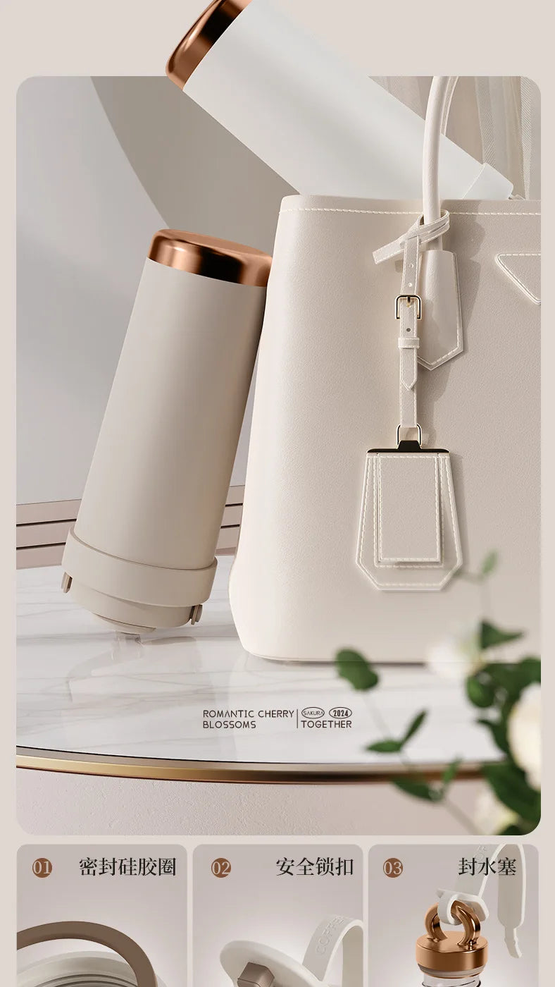 Large capacity ceramic inner pot insulated cup, women's office dual drink coffee cup, portable straw, car water cup
