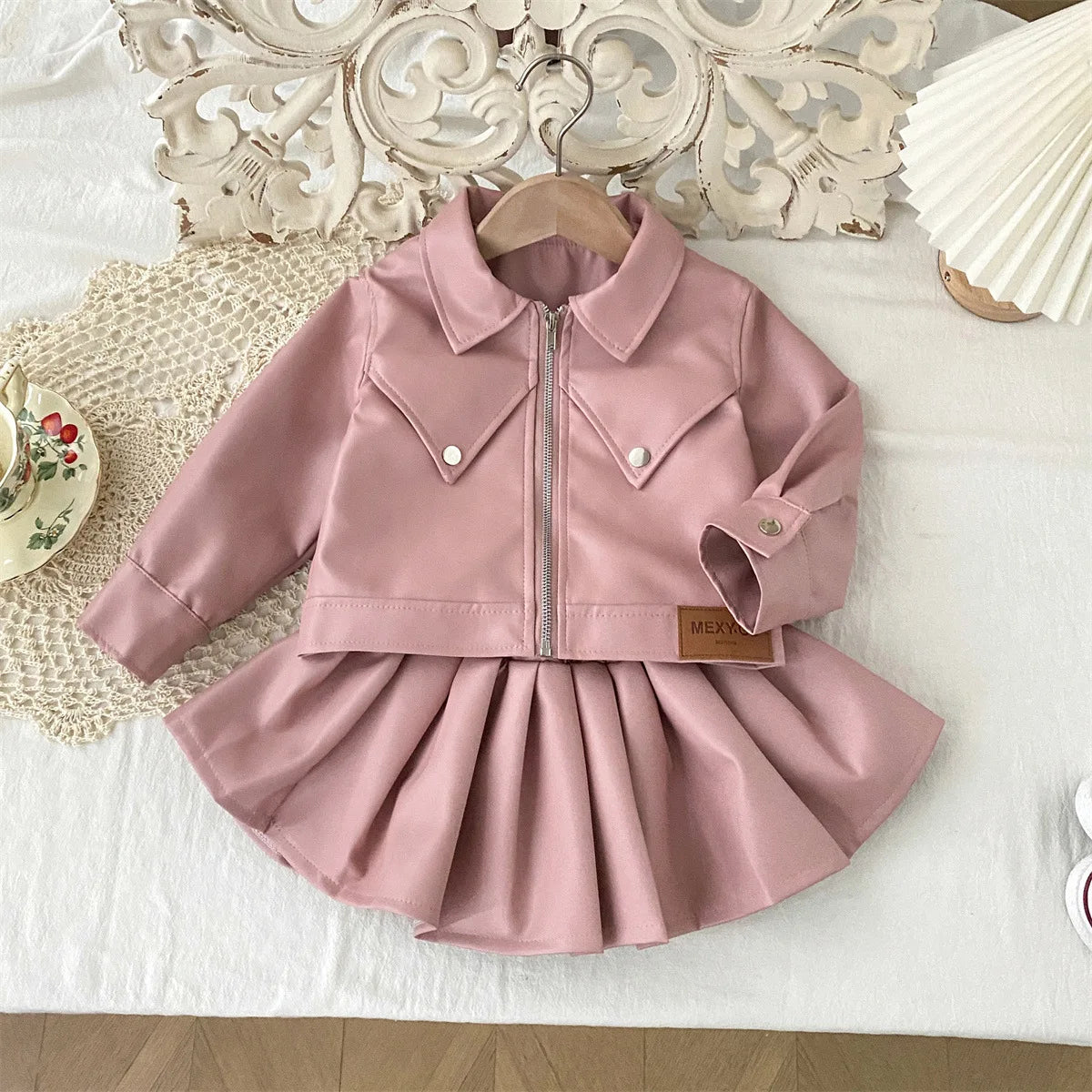 Children's Clothing Set 2025 Kids Clothes Autumn New Cool Girls Pu Leather Jacket With Short Skirt Fashion Two-Piece Outfit Set
