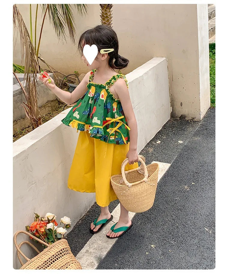 Children's Clothing Sets Cartoon Print Halter Top + Wide-leg Pants 2pcs Toddler Clothes for 2 To 7years Kids Boutique Clothes