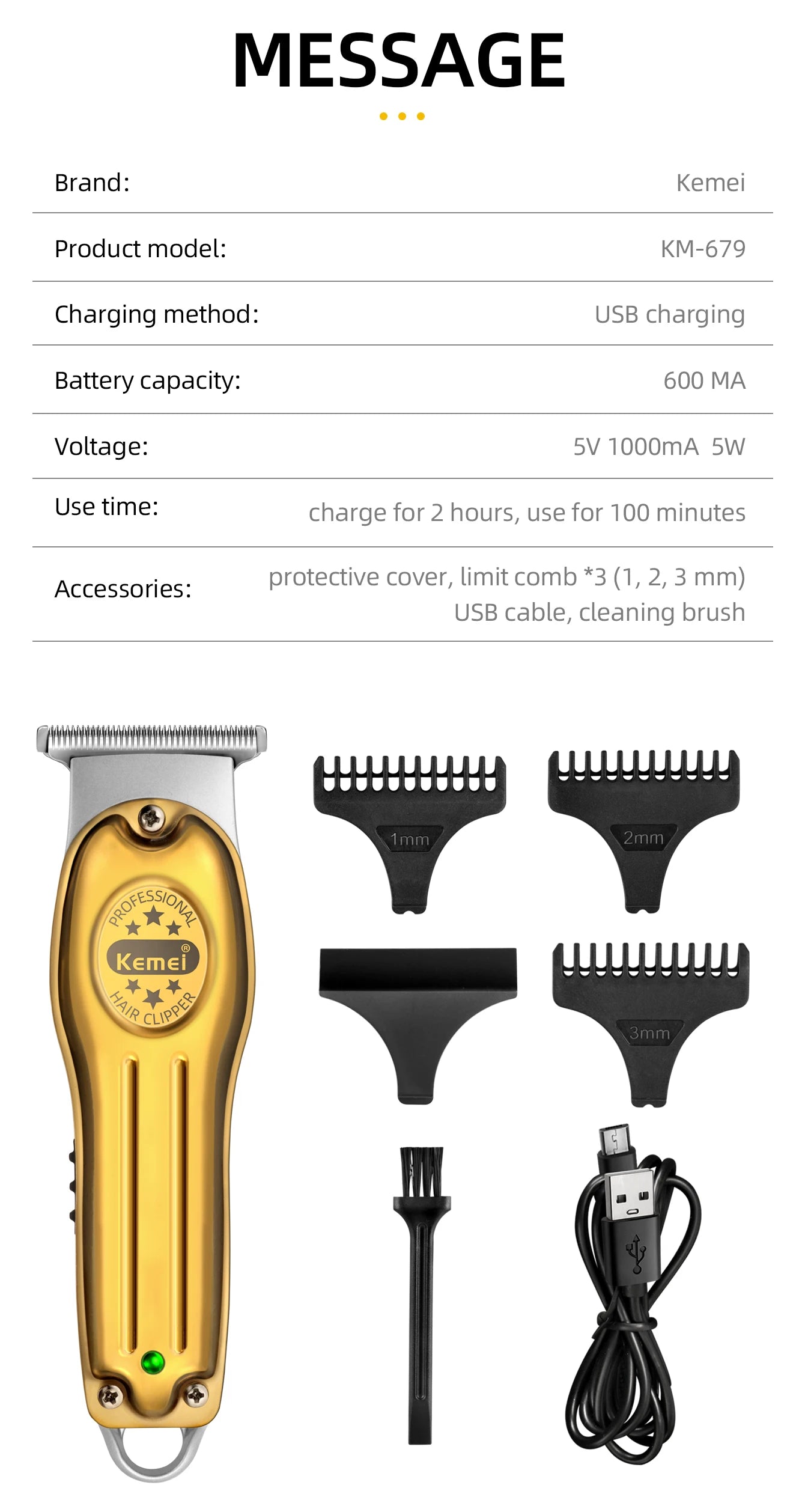 Kemei Professional Hair Trimmer Electric Hair Clipper Men's Rechargeable Barber Cordless Hair Cutting Machine for Bareheaded