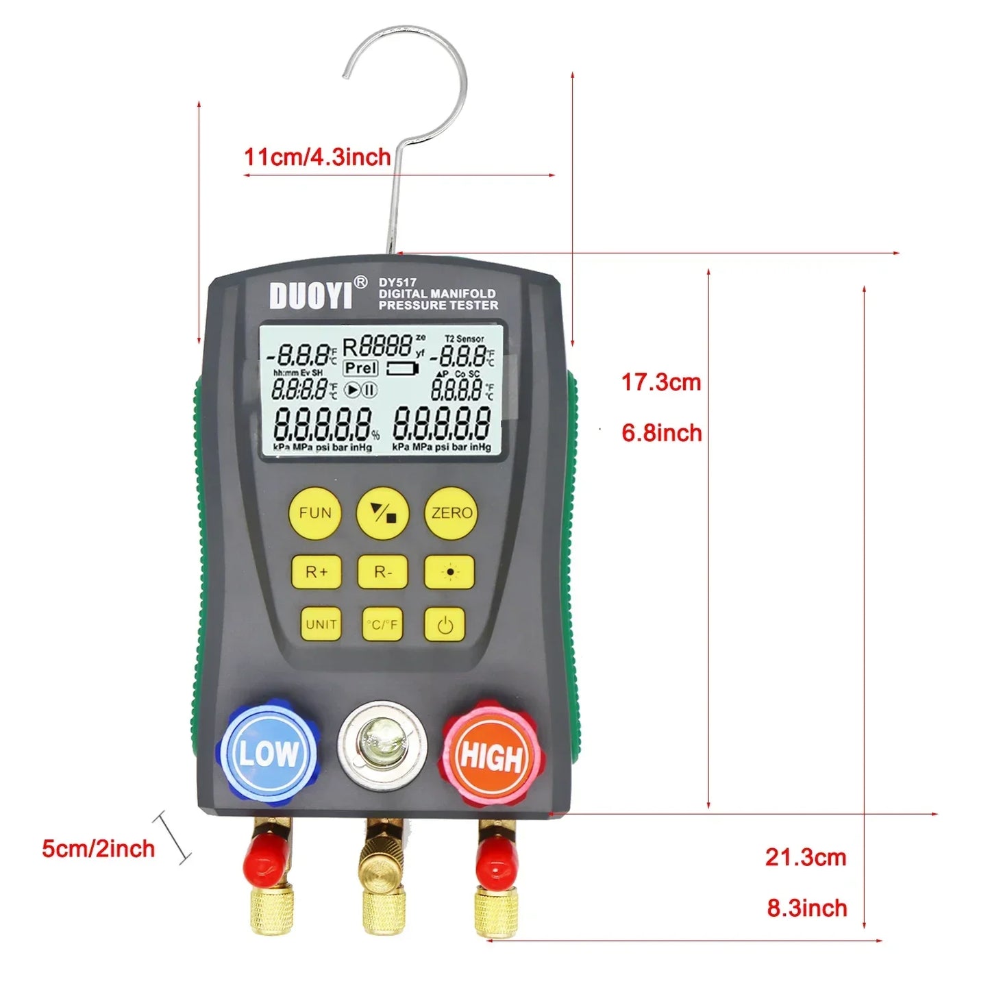 Digital refrigeration pressure gauge, air conditioning temperature detector, multi-function vacuum pressure test tool kit