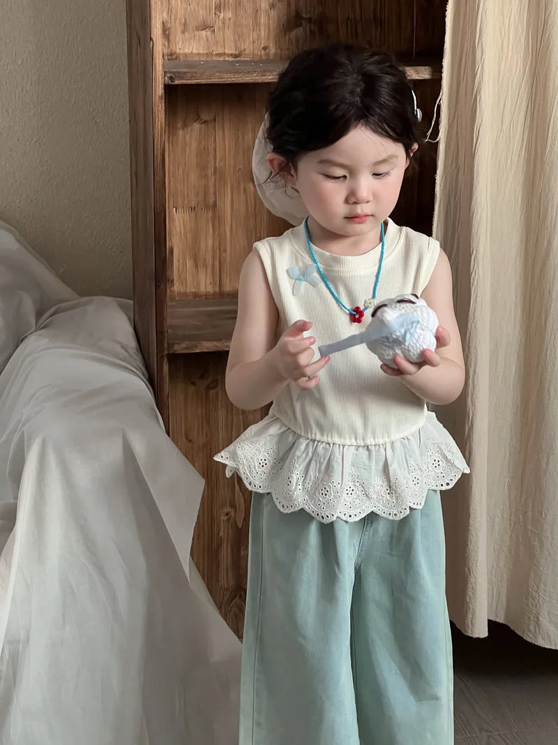Children Clothes Girl 1-8 Y Baby Girls Clothes Cotton Sleeveless Top with Bowknot and Lace Trim Soft and Cute for Daily Wear