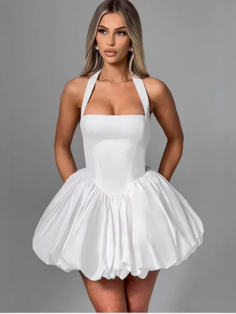 Sexy Lace-up Backless Pleated Halter Mini Dress Women Fashion Off Shoulder Puff Hem A-line Dresses 2025 Summer Lady Partywear