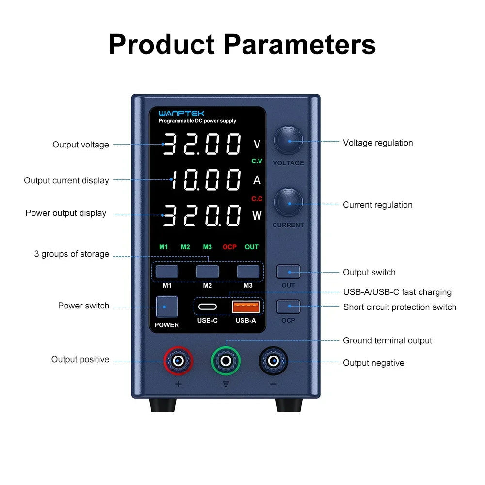 Wanptek Lab DC Power Supply Encoder adjustment Memory Adjustable 30V 10A Bench Power Source 160V 120V 60V 5A 3A Metal anodizing
