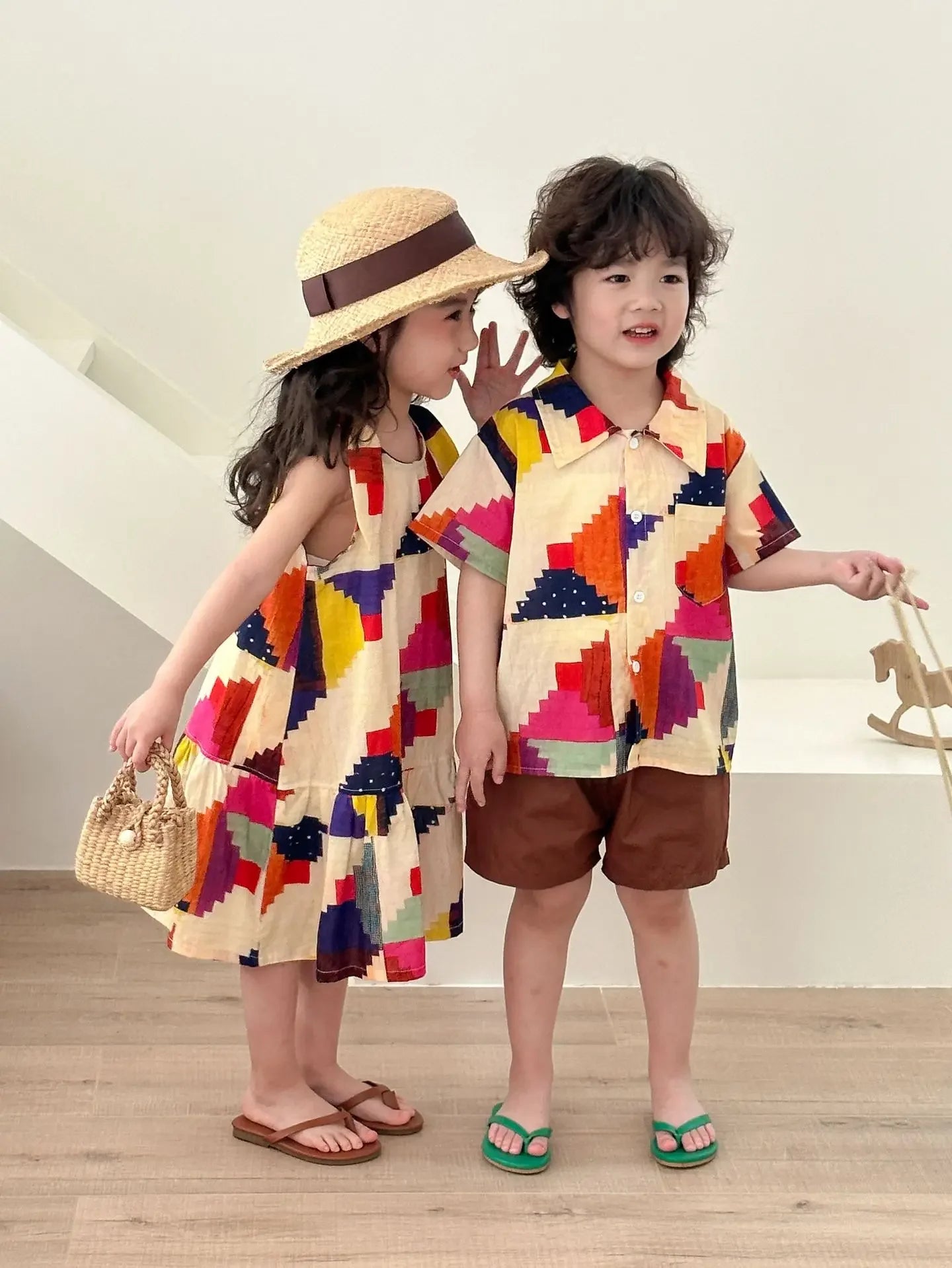 Children's Clothes 2025 Summer New Boy's Shirt Suit Or Baby Girl Dress Holiday Clothes Brother And Sister Clothes