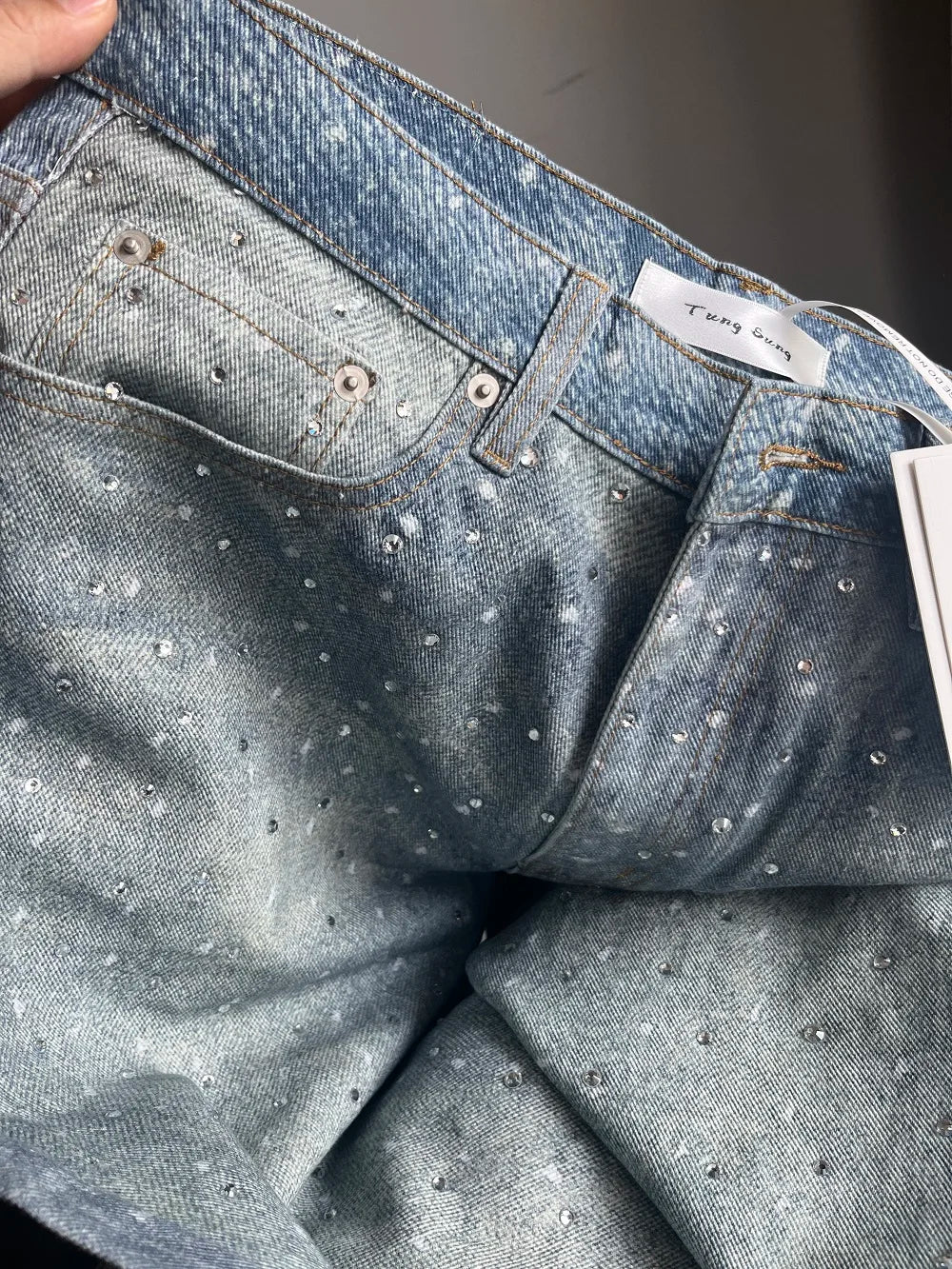 Tung Sung Full Diamond Printing Diamond Belt Wash Casual Loose Straight Jeans Hip Hop Y2k Men’s Jeans